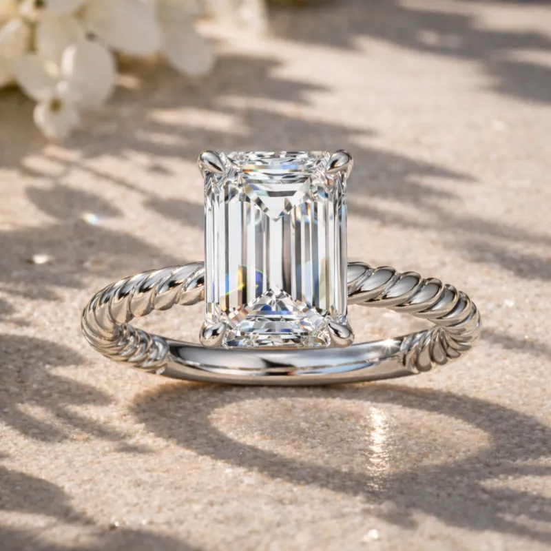 Emerald Diamond Solitaire Engagement Ring (White Gold)