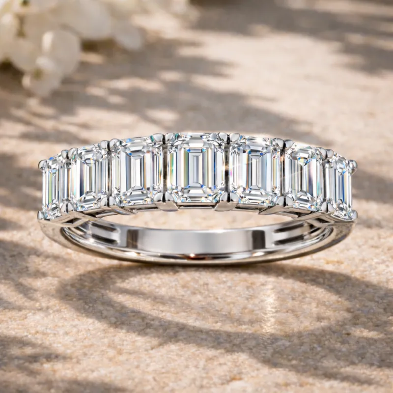 7-Stone Emerald Diamond Wedding Band (White Gold)