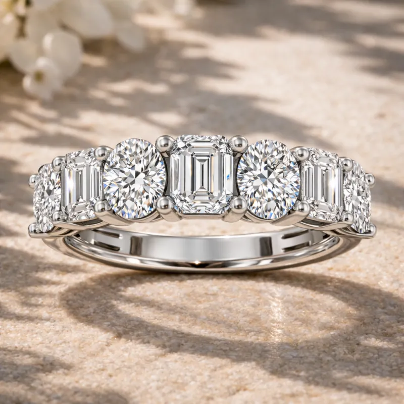 7-Stone Oval & Emerald Diamond Wedding Band (White Gold)
