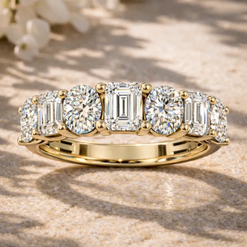 7-Stone Oval & Emerald Diamond Wedding Band (Yellow Gold)