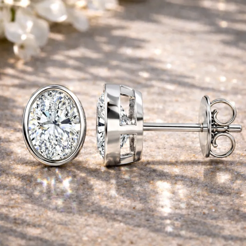 Oval Bezel Diamond Stud Earrings (White Gold)