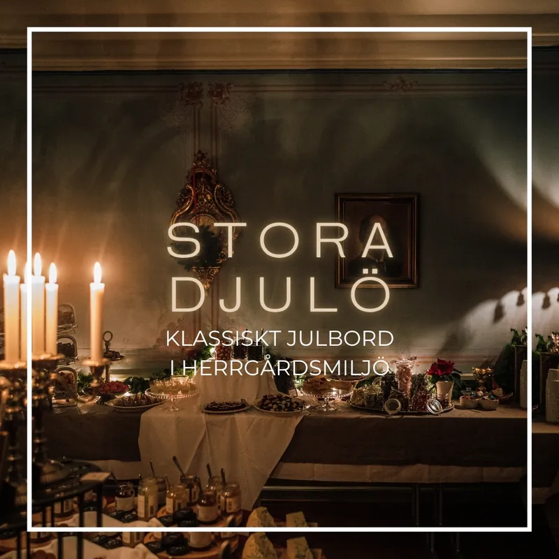 Julbord i levande ljus i en herrgårdssal, med texten Klassiskt julbord i herrgårdsmiljö