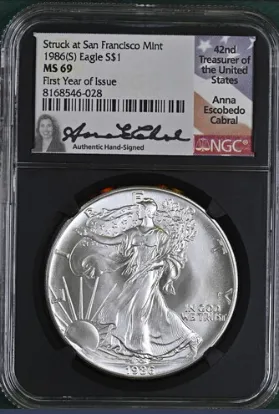 1986-S Silver Eagle Anna Cabral Signed • Certified MS69