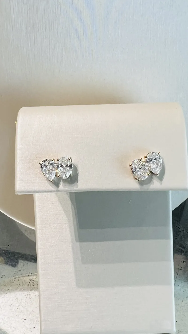 2.02 Cttw Round & Pear Lab-Grown Diamond Stud Earrings | 14k Gold