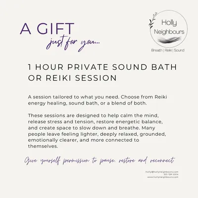 1 Hour Private. Reiki or Sound Bath Gift Voucher