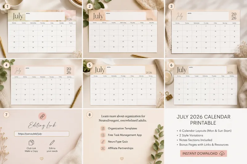 July 2026 Monthly Calendar (Canva Template)