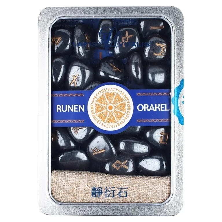Runenorakel-Set aus Amethyst, Bergkristall, Hämatit oder Rosenquarz