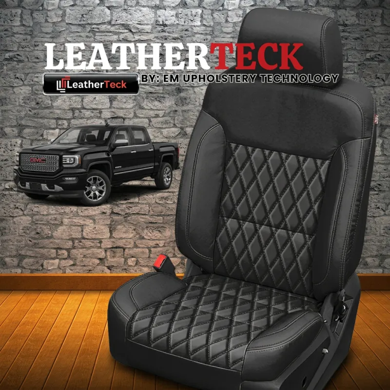 2017 GMC Sierra Katzkin Leather Seat Cover Upholstery Kit – Black with Single Diamond Combo and Black Stitching (L4)