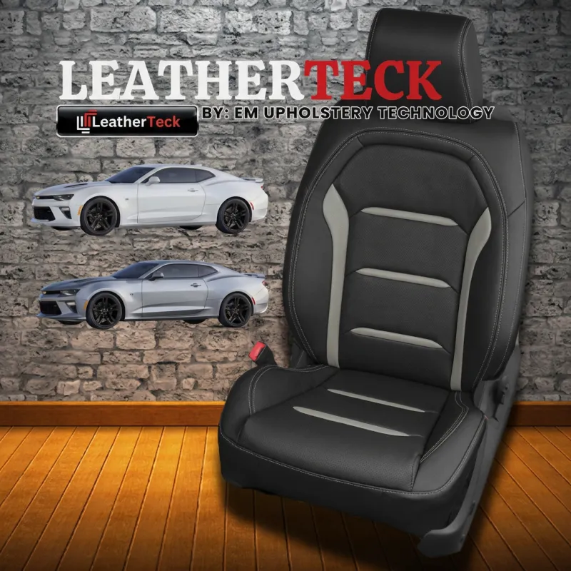 2016-2024 Chevy Camaro Coupe/Convertible Leather Seat Cover Upholstery Kit – Black with, Pantheon Grey Wings & Stitching (L5) 