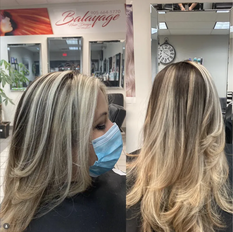 Dimensional caramel highlights on shoulder length hair