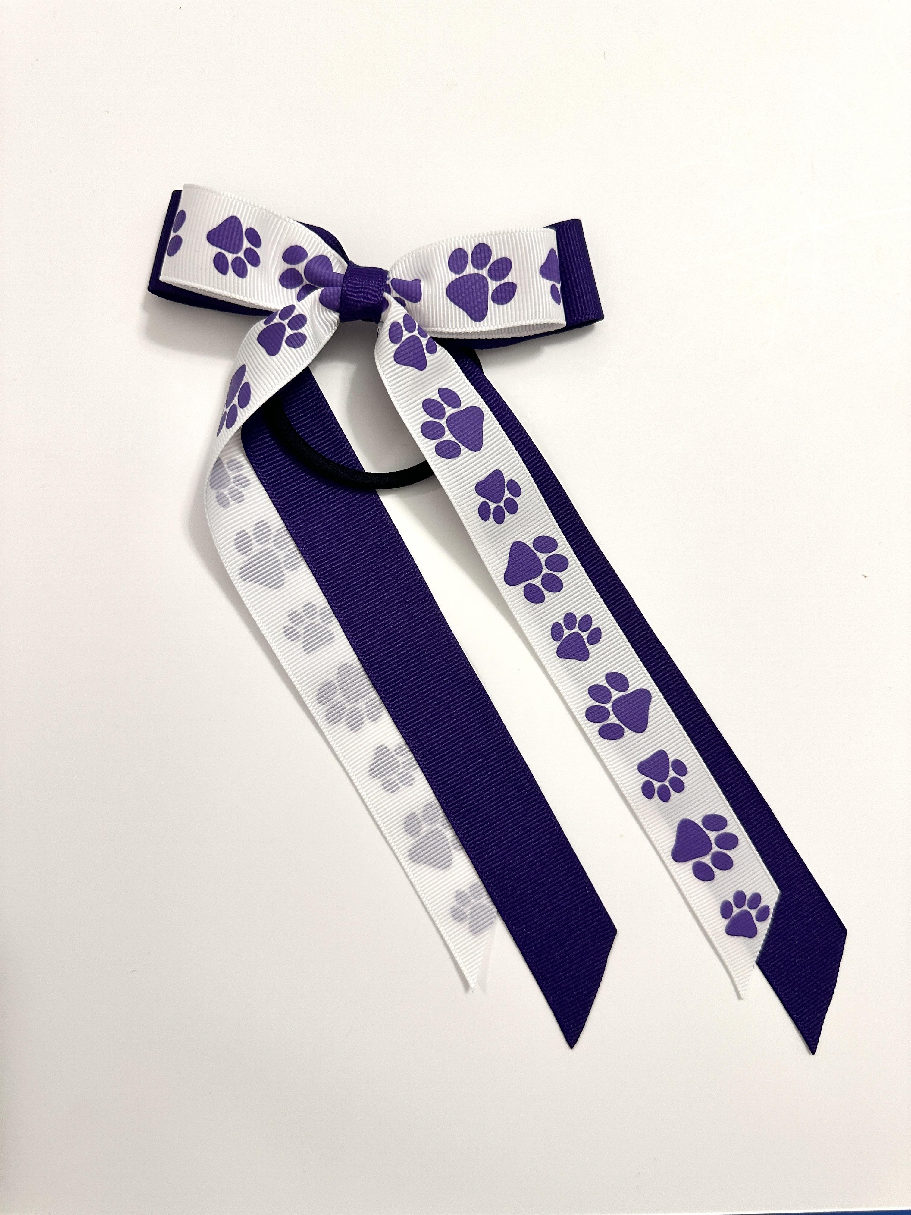 Purple & White Paw Slim Double Layer Long Tail Bow- Style B