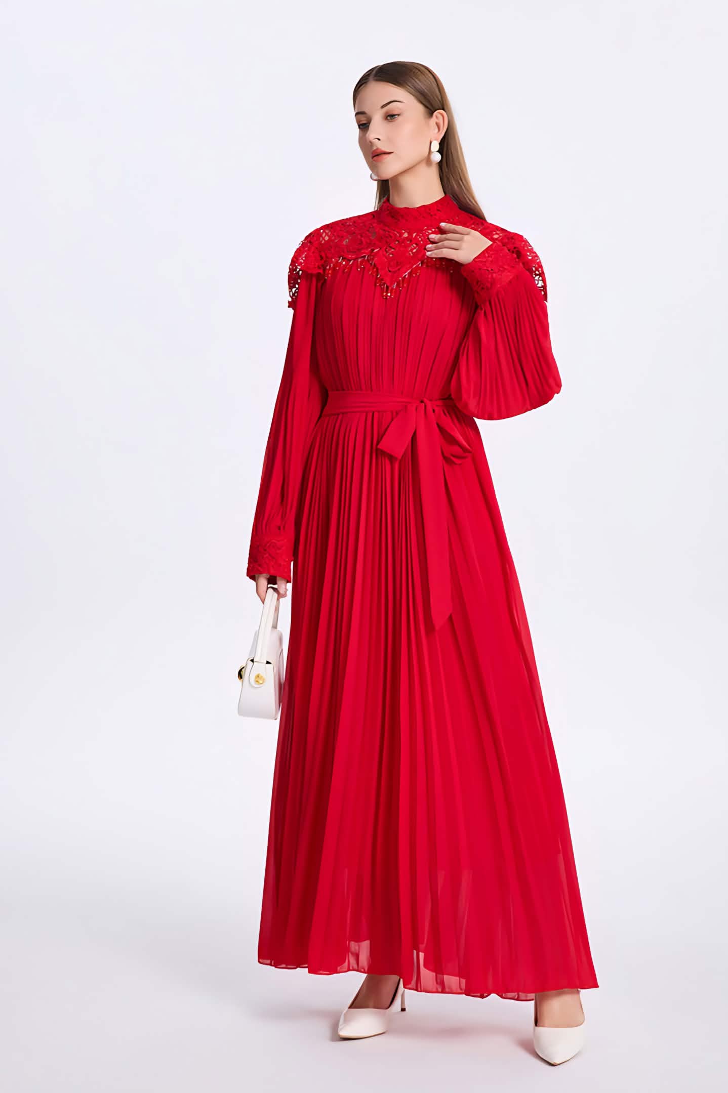Luxe chiffon maxi pleated dress with guipure lace and hand beaded accents