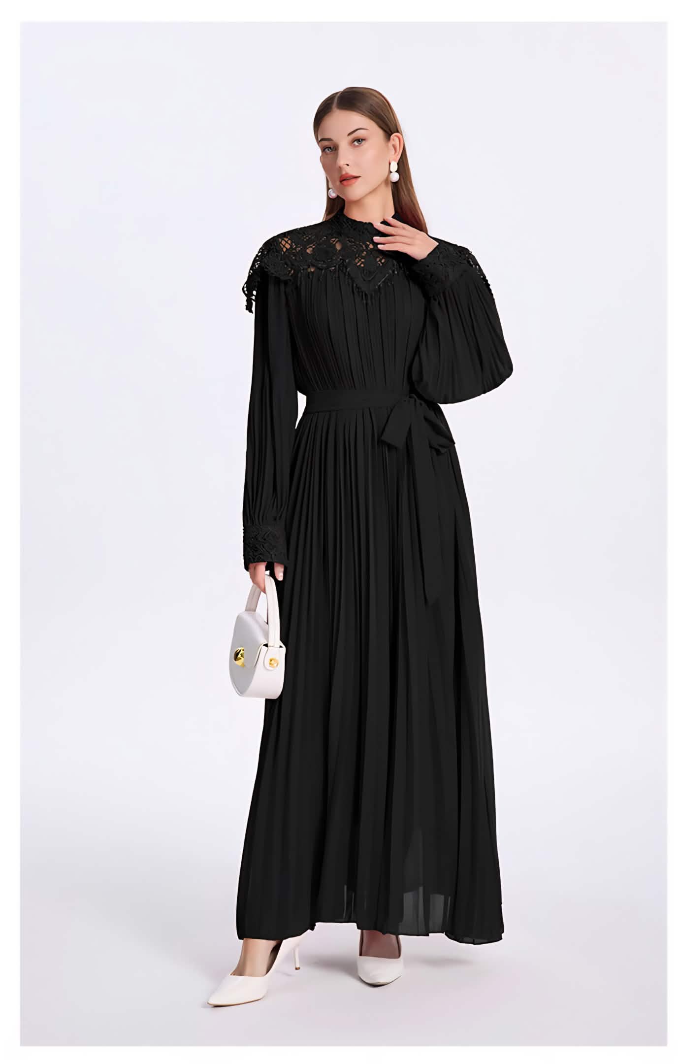 Luxe chiffon maxi pleated dress with guipure lace and hand beaded accents
