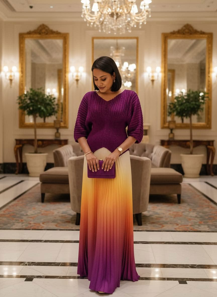 A maxi ombre pleated skirt with a matching textured top