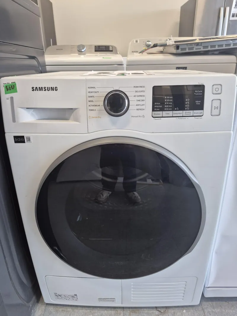 Samsung DV25B6800HW compact 4.0 cu. ft. front-load heat pump dryer.