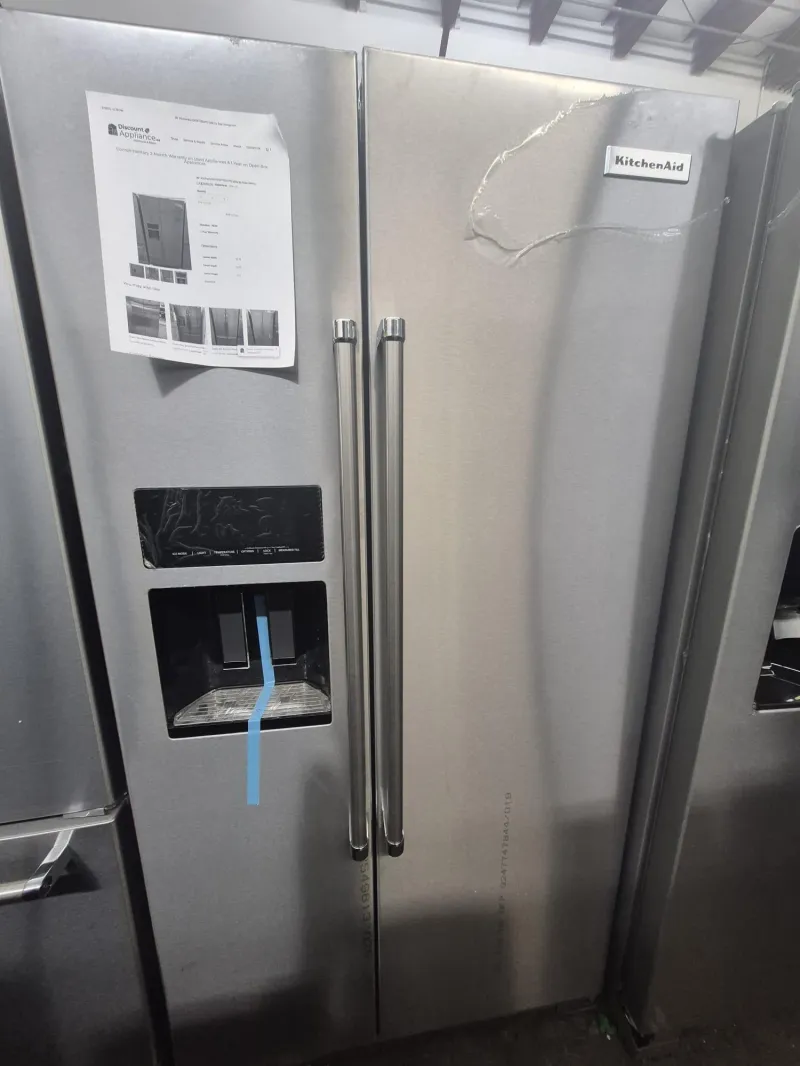 KitchenAid KRSF705HPS06 24.8 cu. ft. side-by-side refrigerator (premium stainless steel model).