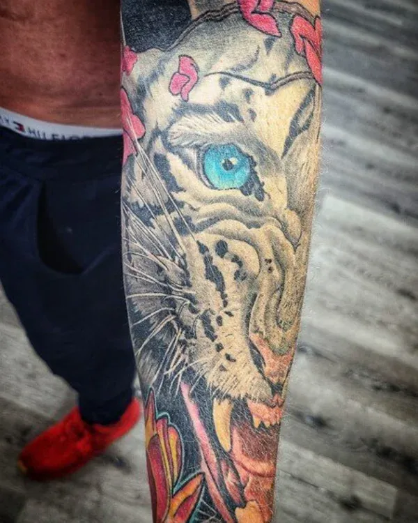 Color tiger tattoo by Mickey Schlick
