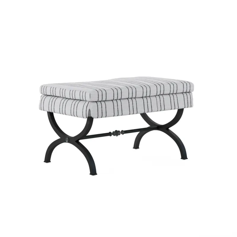 Striped Upholstered Bench with Iron X-Base