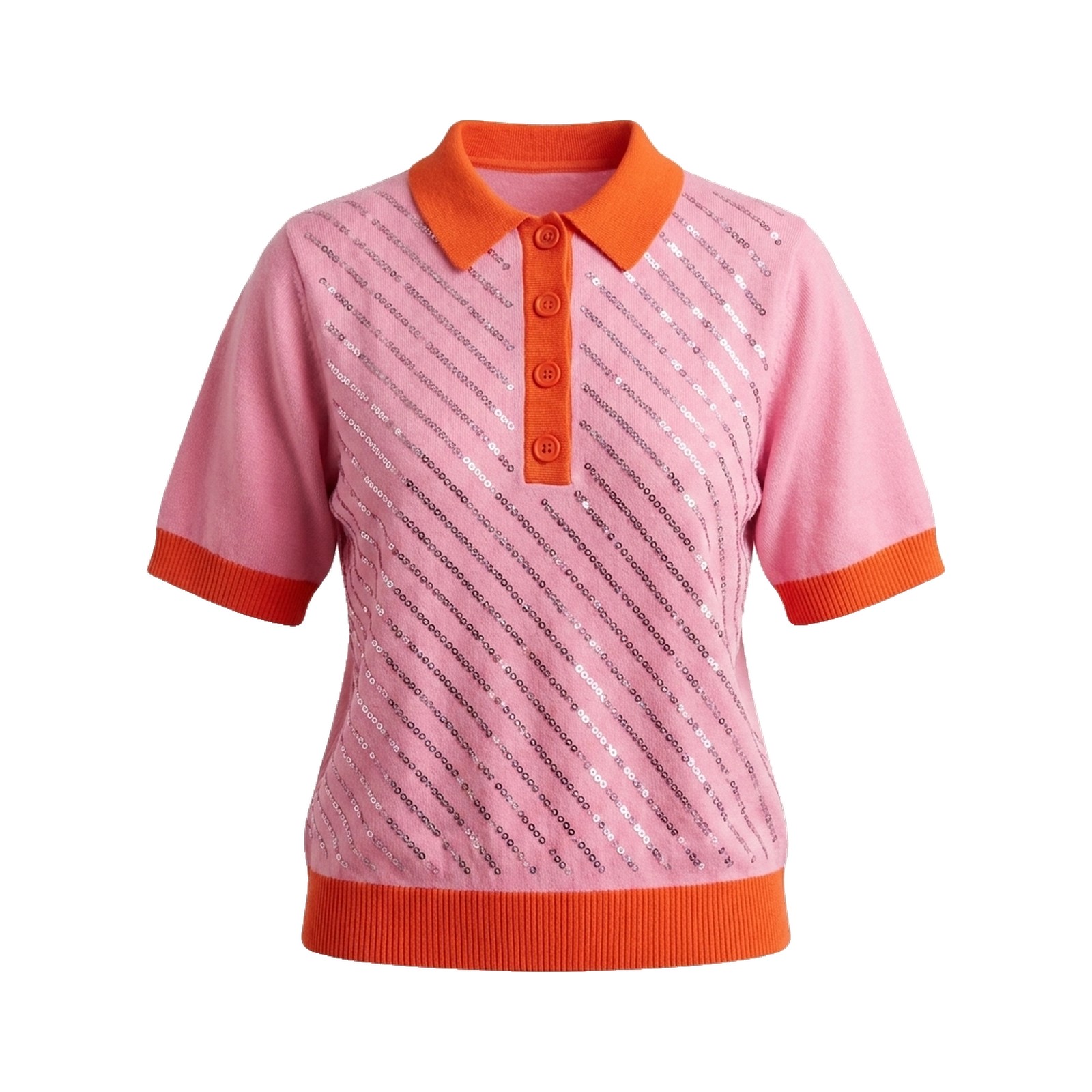 POM Amsterdam Strick-Polo Cheering Pink - Pailletten-Polo in warmem Bonbon-Rosa