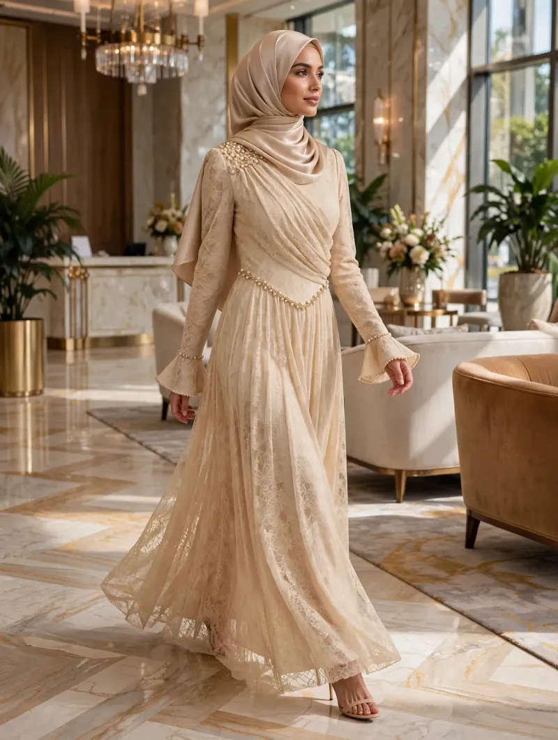 Noor Pearl-Drape Lace Evening Dress 