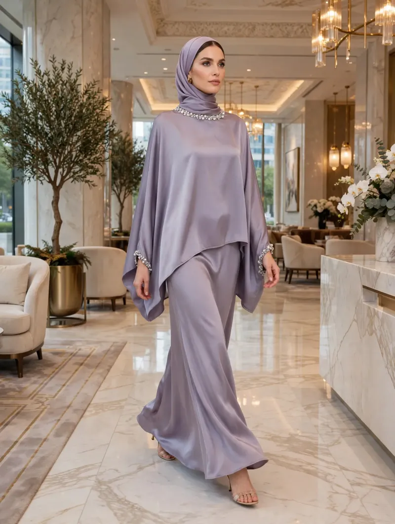 NOORA Pearl-Embellished Satin Cape Set-Dusty Lilac