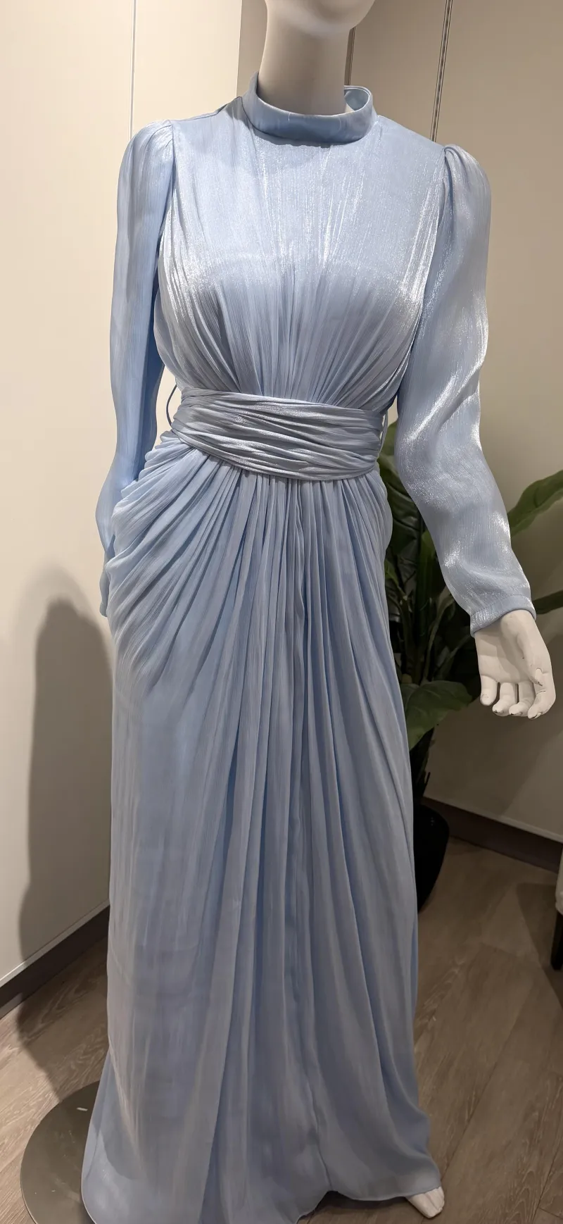 Celeste-Ice Blue Shimmer Pleated Chiffon Evening Gown