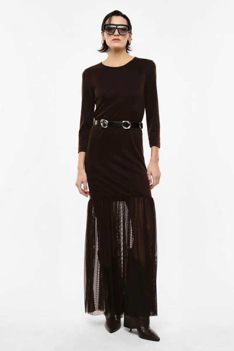 LONG DRESS WITH MESH DETAILS AND BELT