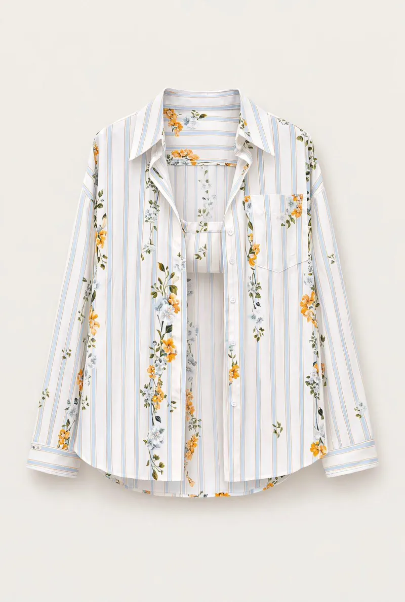 A MATCHING  TOW-PIECE SET WITH SOFT STRIPES AND FLORAL PRINTS