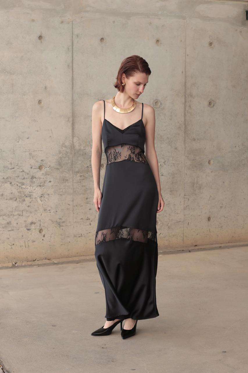 LONG DRESS WITH LACE PANELS AND THIN STRAPS