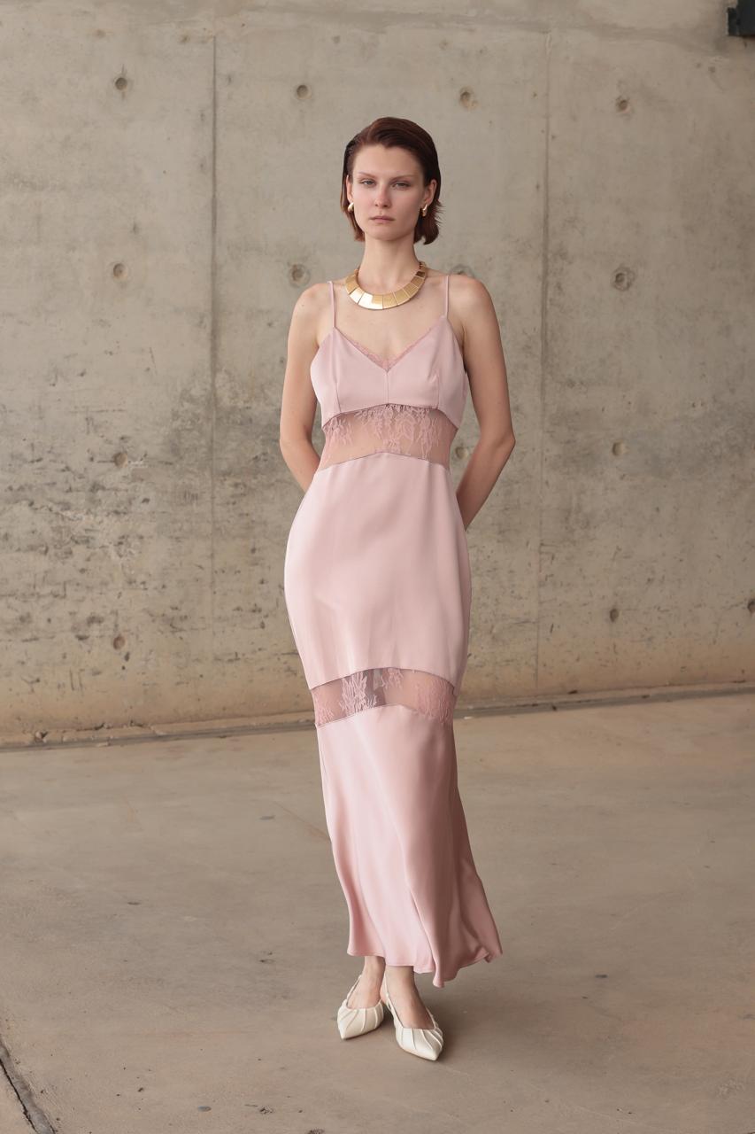 LONG DRESS WITH LACE PANELS AND THIN STRAPS