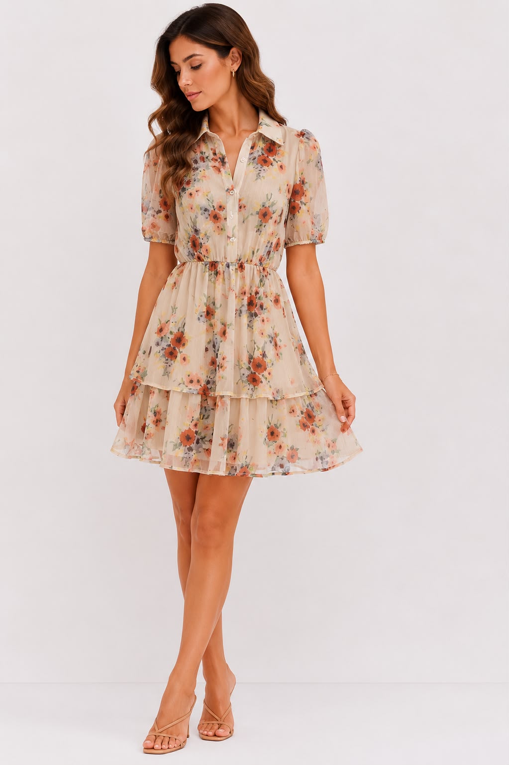 FLORAL MINI DRESS CRAFTED FROM AIRY SHEER FABRIC, FEATURING A CLASSIC COLLARED NECKLINE