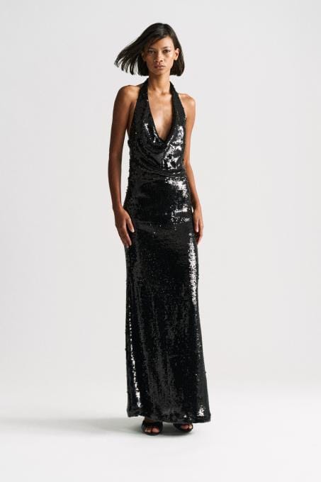 BLACK SEQUIN HALTER MAXI DRESS