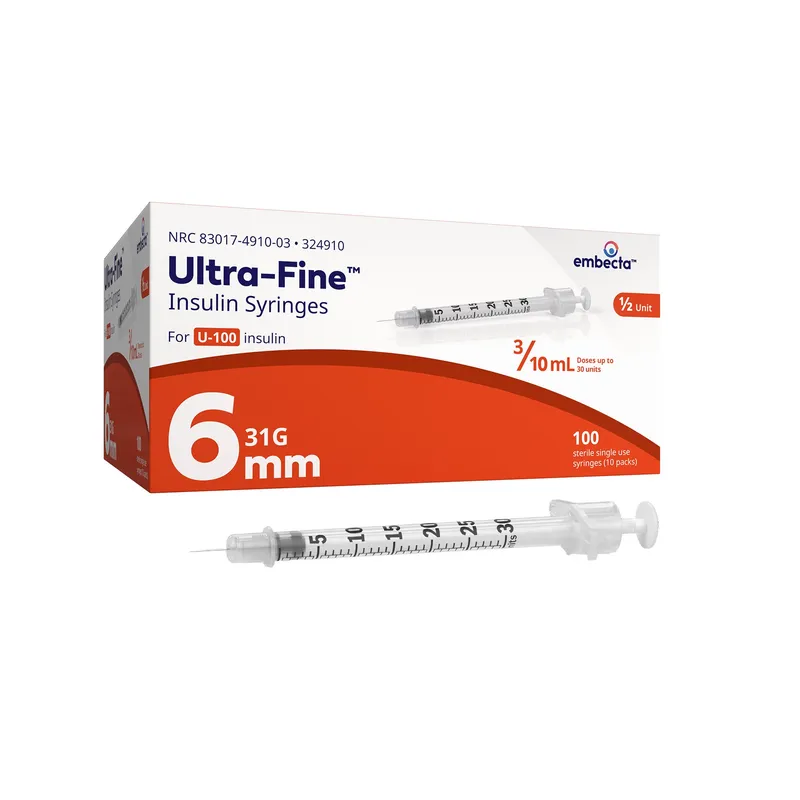 Ultra-Fine™ Insulin Syringe with Half-Unit Scale 3/10cc Volume, 31G x 6mm (324910)