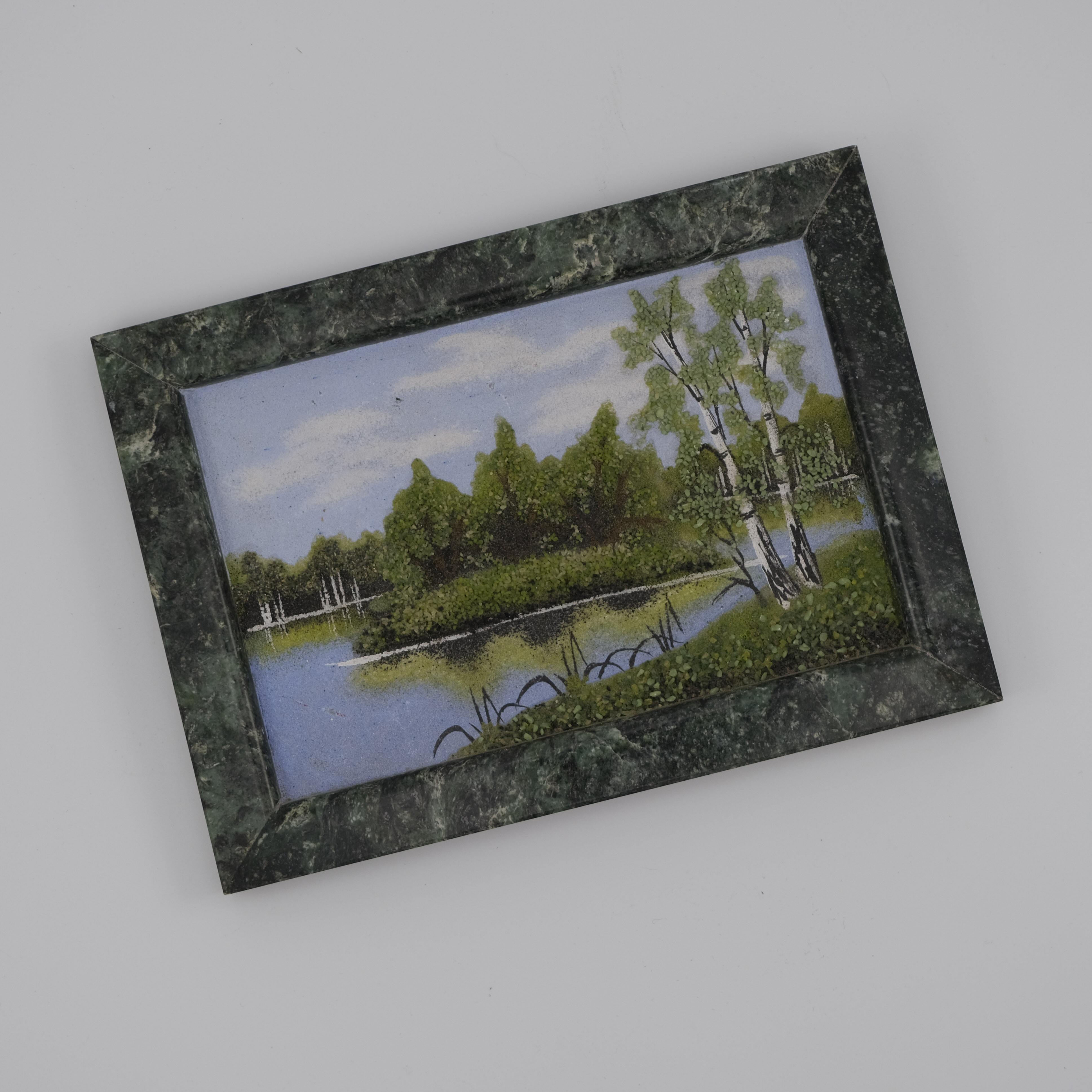 Vintage Russian Landscape Crushed Gemstone Painting Marble Stone Frame
