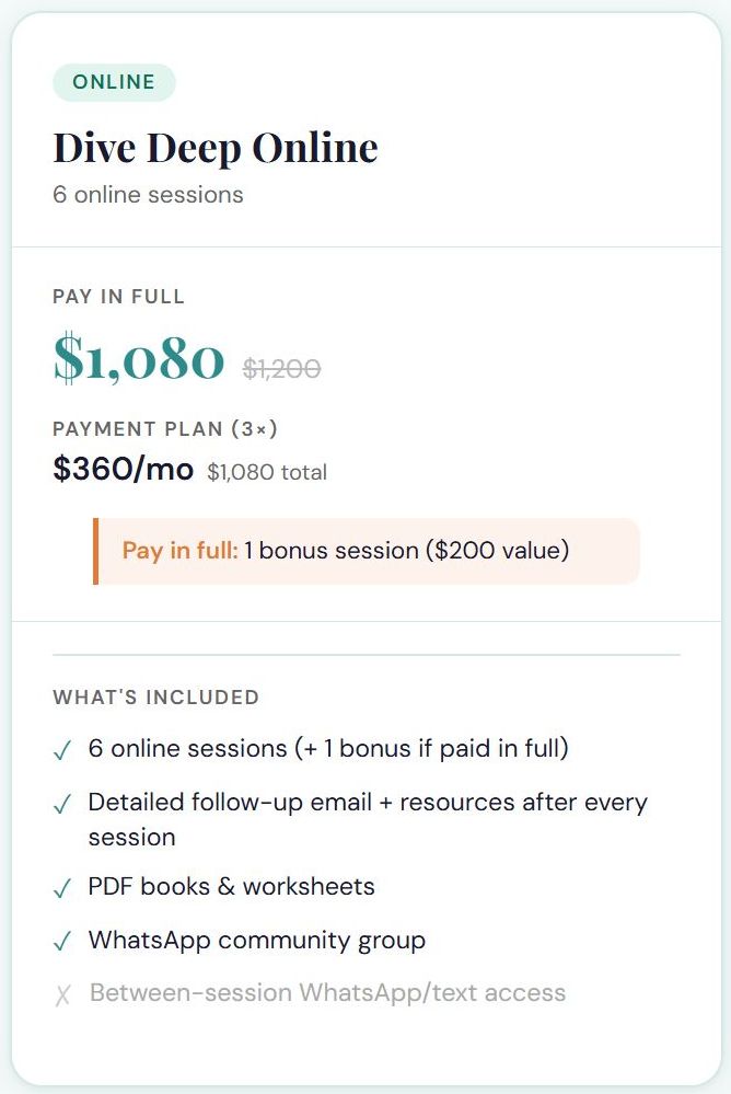 Dive Deep Online, 6 session Package (Full Pay)