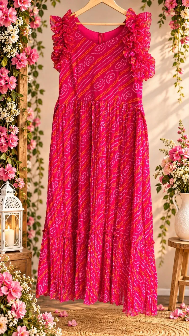 Pink Crush Bandhej Ruffle Maxi