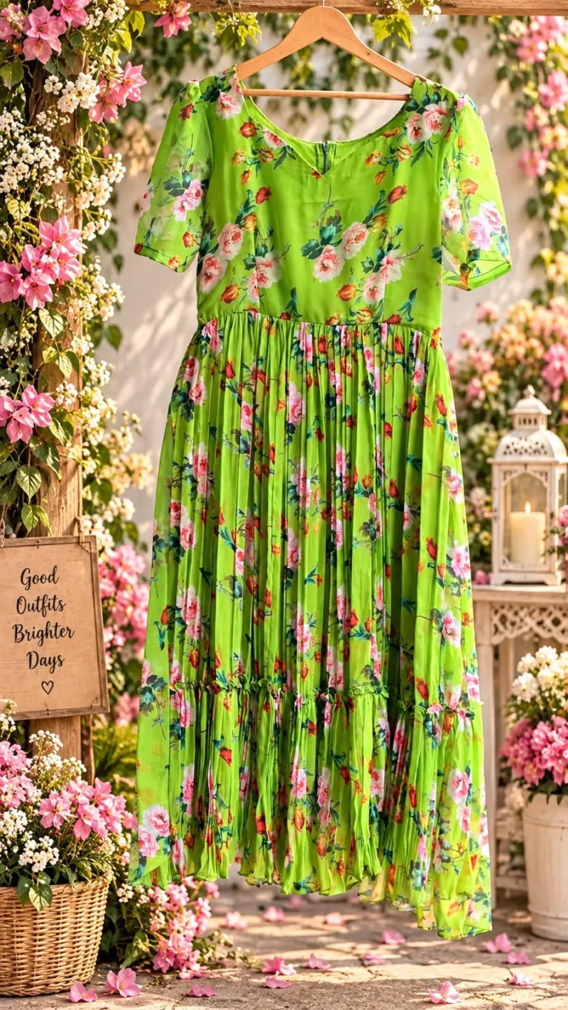 Parrot Green Floral Pure Chiffon Maxi