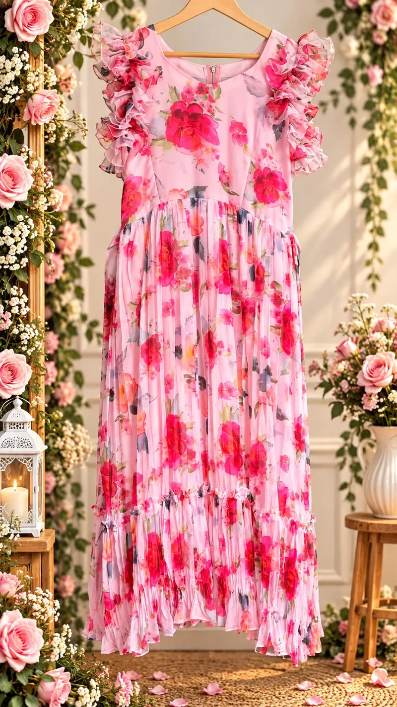 Pink Floral Ruffle Pure Chiffon Maxi