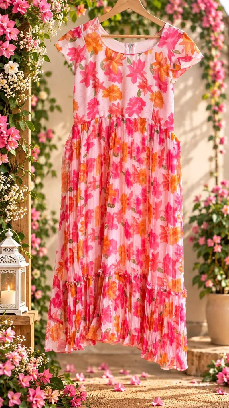 Pink Orange Floral Pure Chiffon Maxi