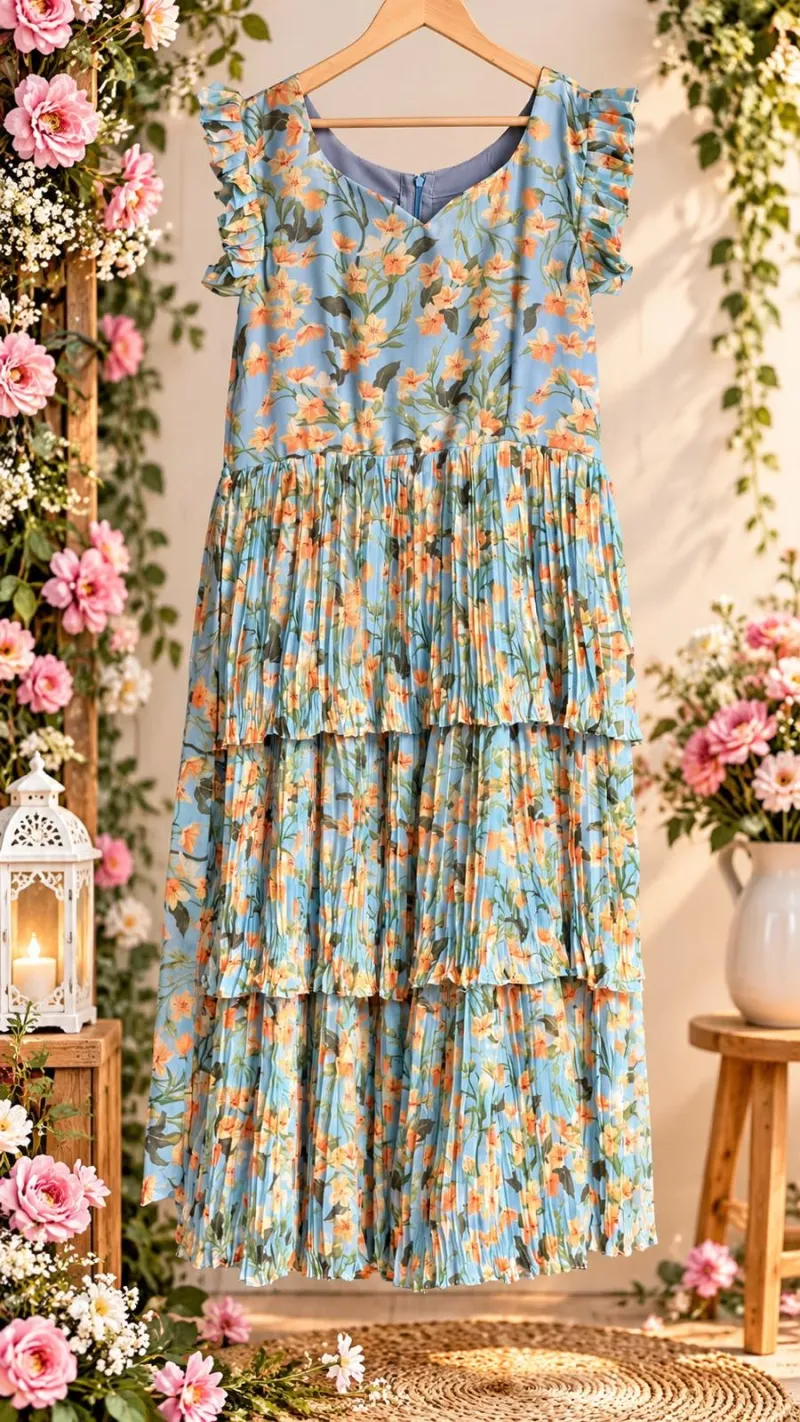 Blue Floral Pure Chiffon Layered Maxi