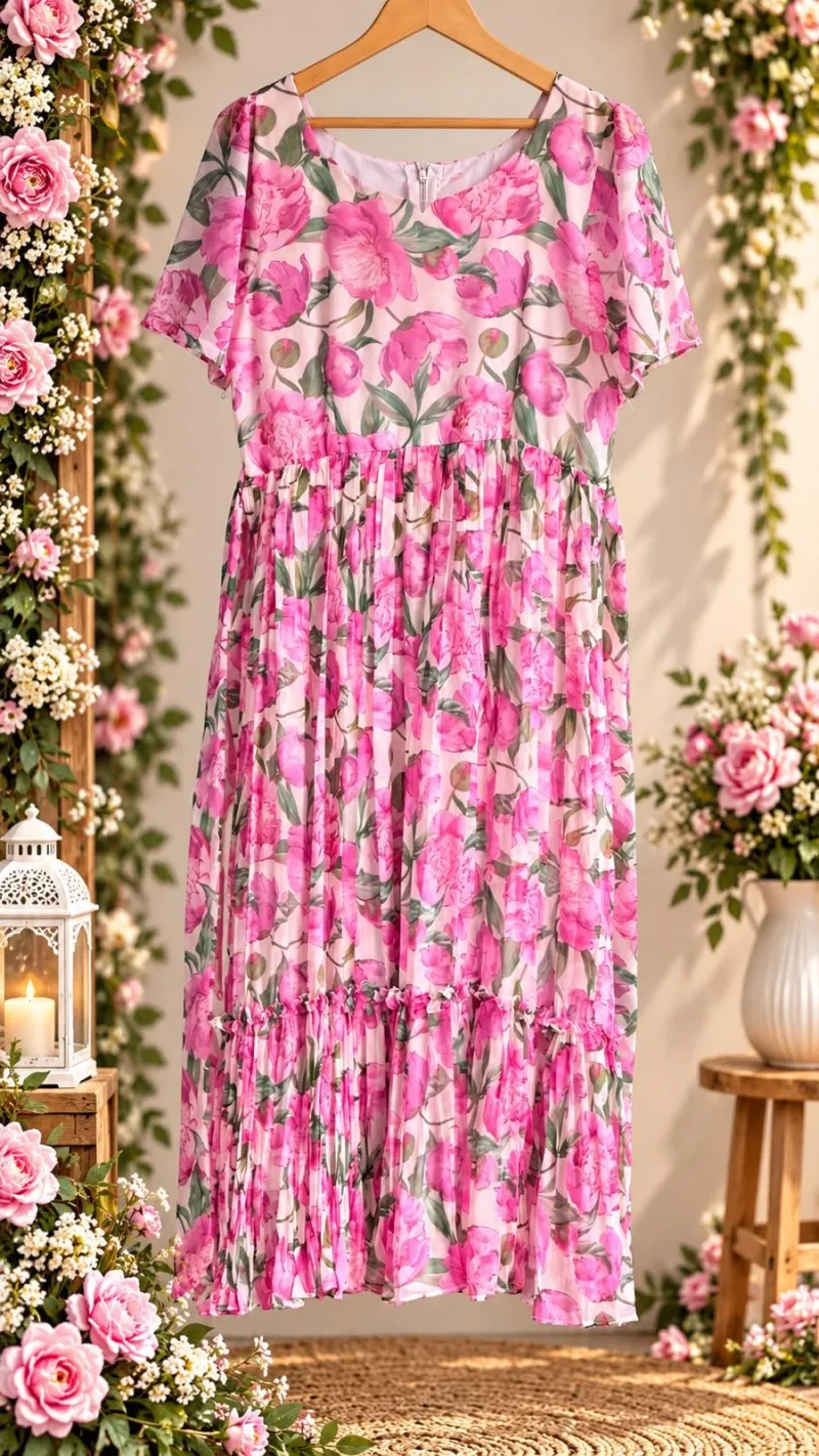Pink Floral Pure Chiffon Maxi