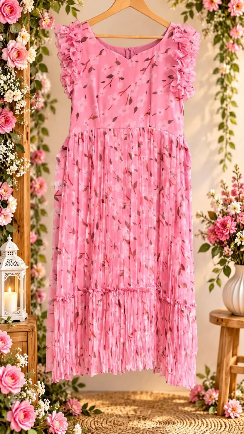 Pink Floral Ruffle Sleeve Pure Chiffon Maxi