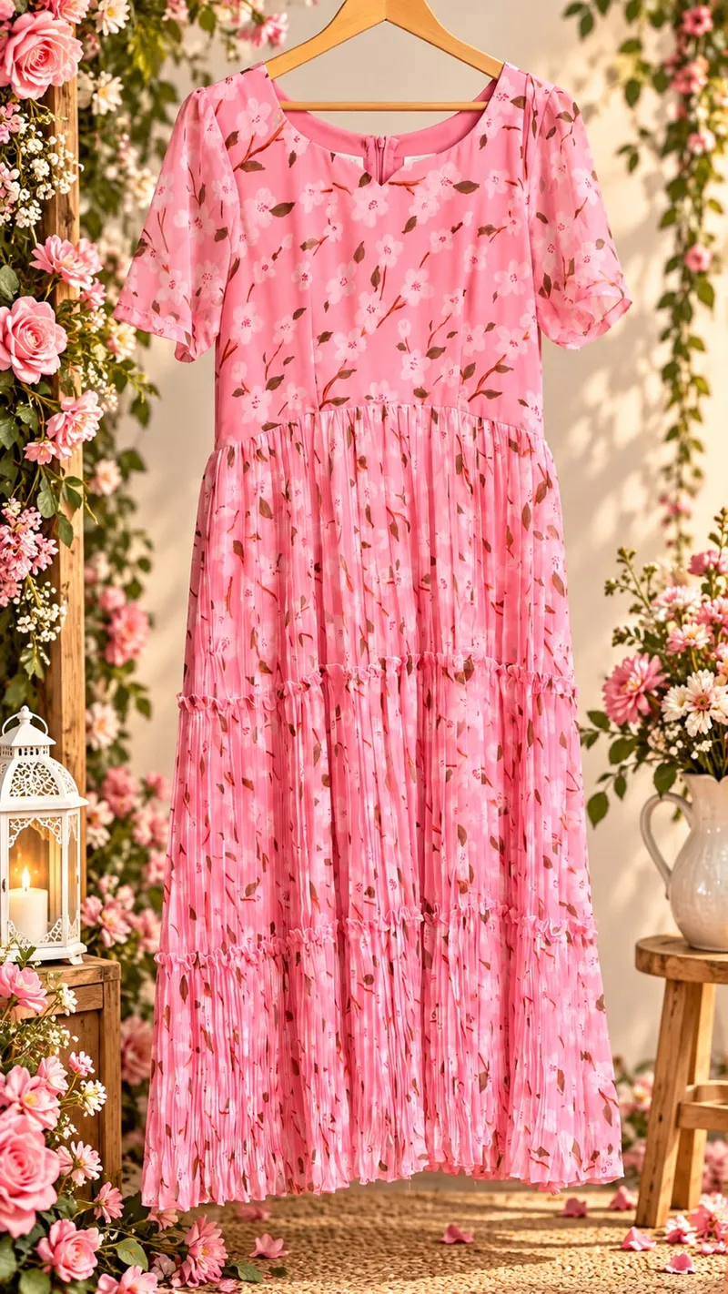 Pink Floral Pure Chiffon 2 Tier Maxi