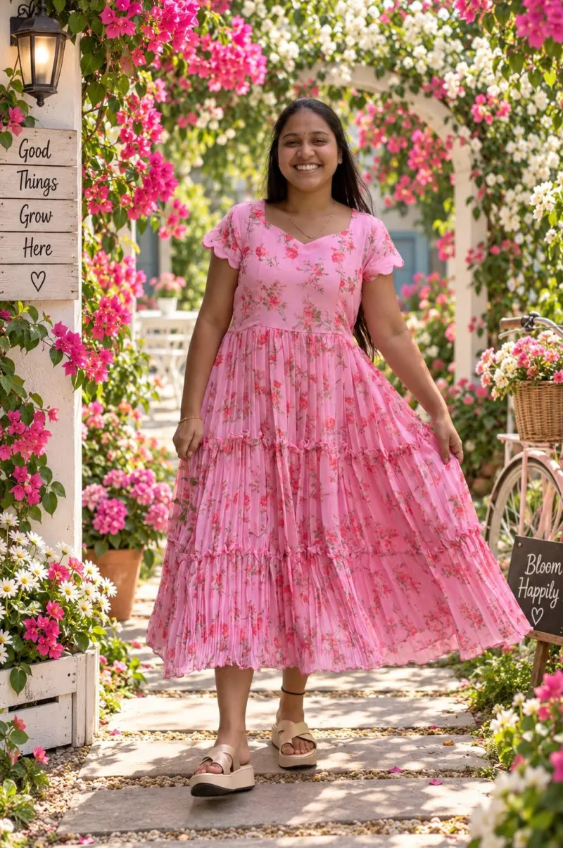 Baby Pink Floral Pure Georgette 2 Tier Maxi