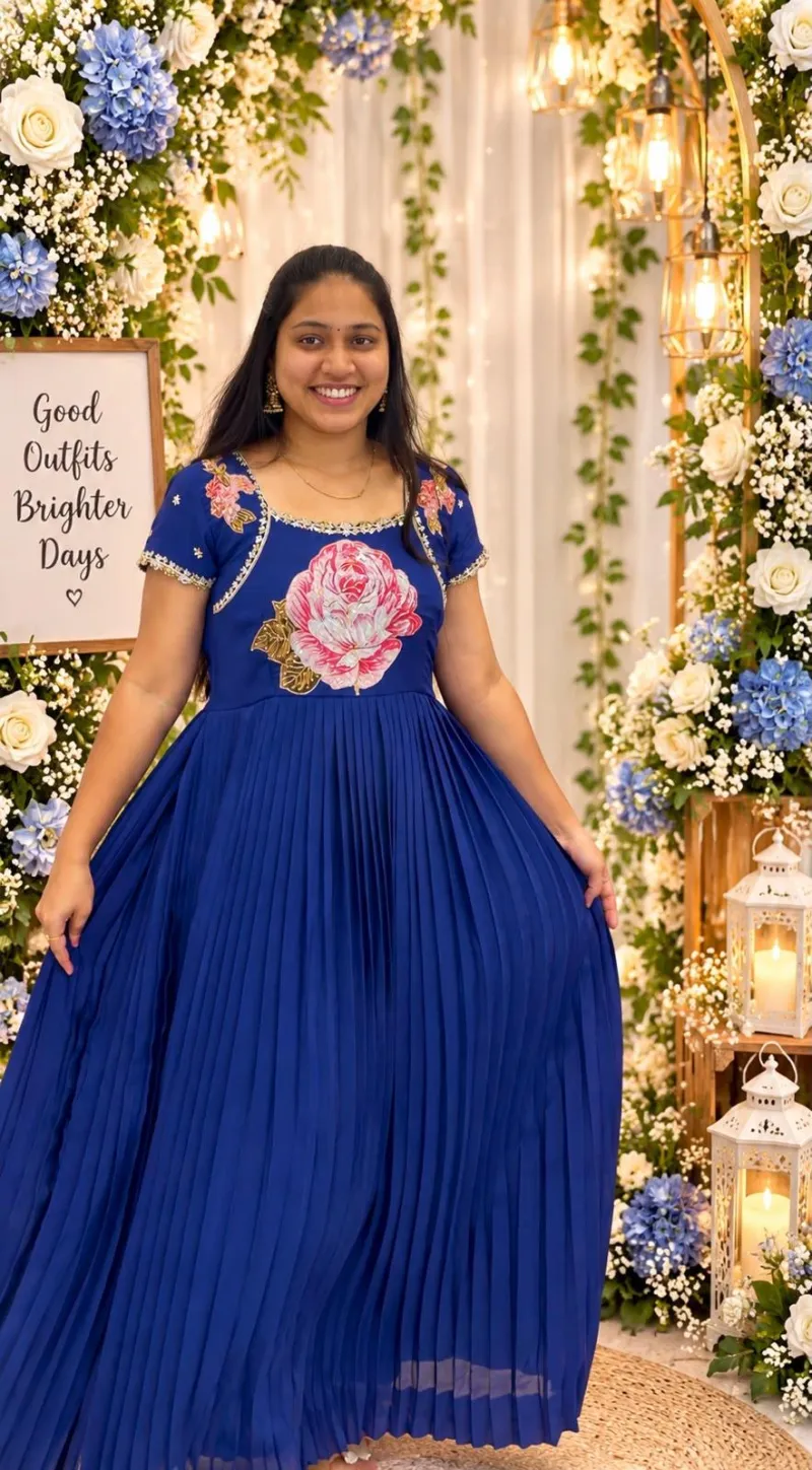 Royal Blue Chinnon Designer Long Frock