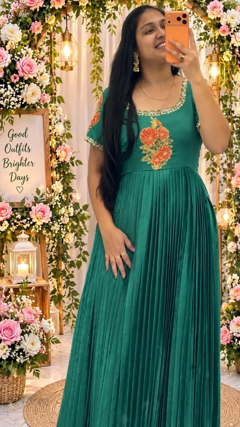 Teal Green Chinnon Designer Long Frock