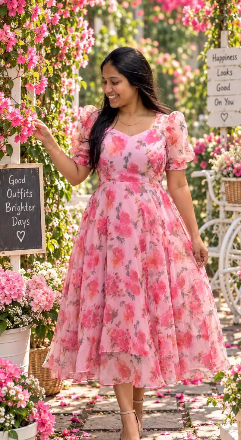 Organza Pink Floral Umbrella Maxi Frock
