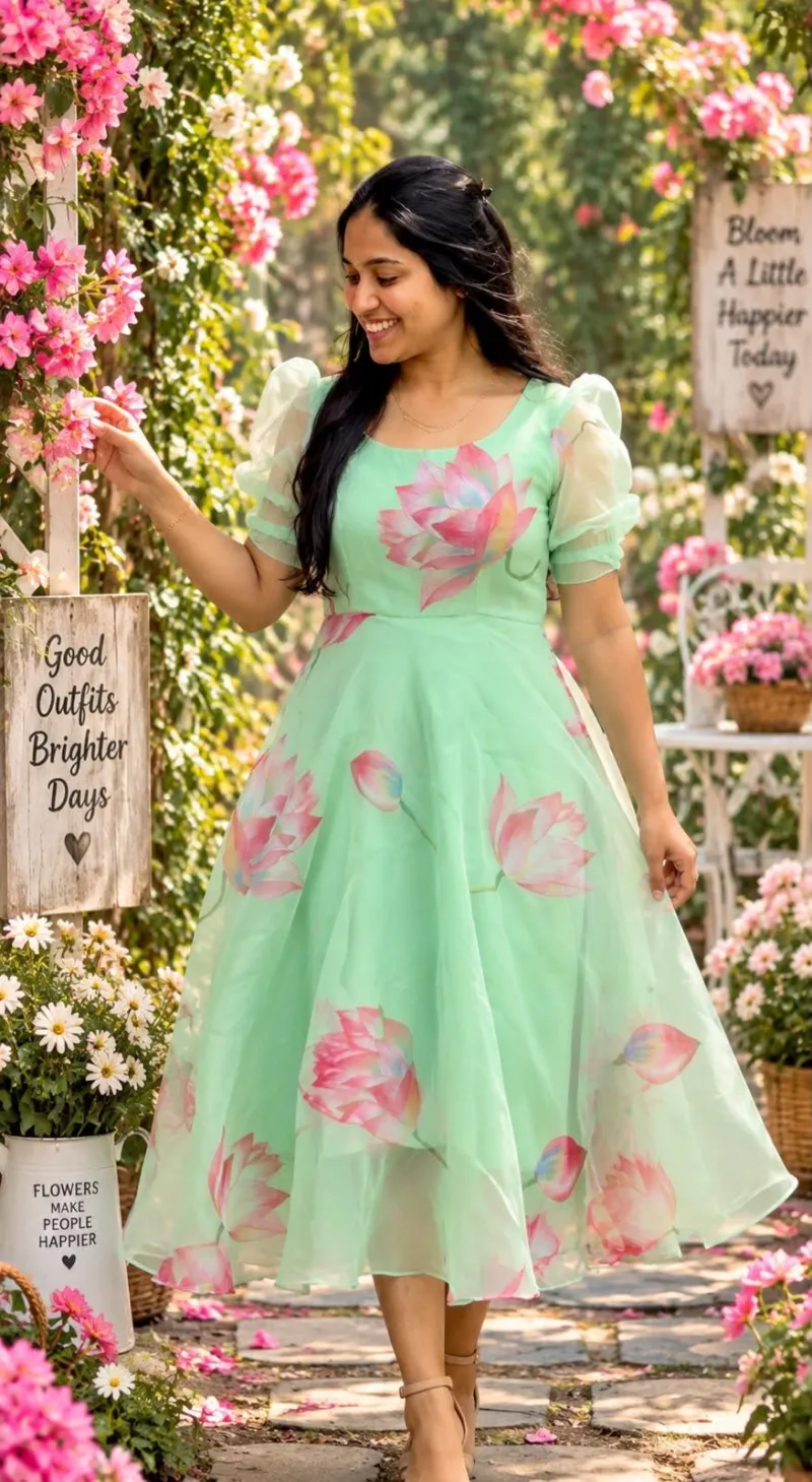 Organza Mint Floral Umbrella Maxi Frock