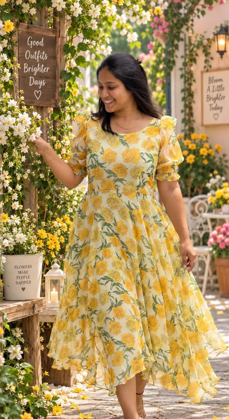 Organza Yellow Floral Umbrella Maxi Frock
