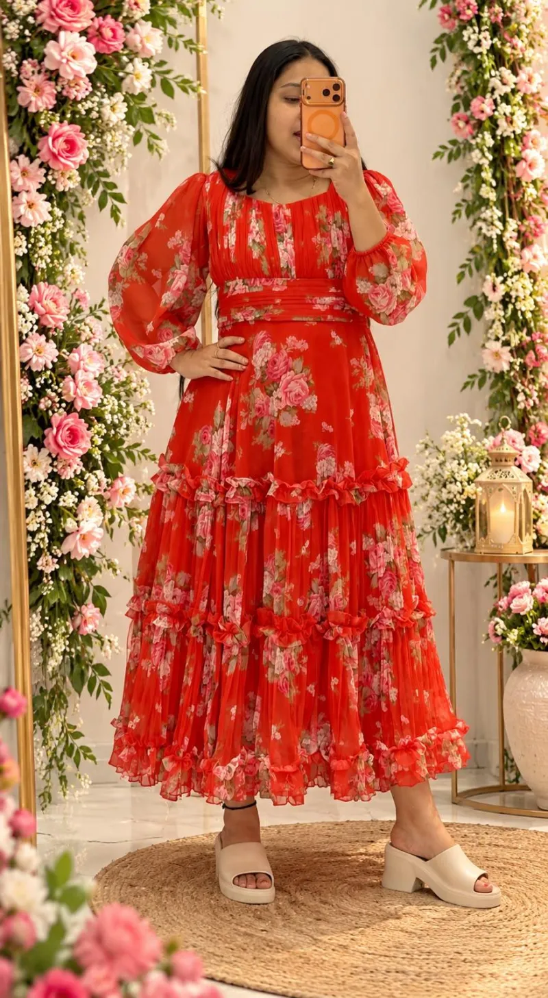 Red Floral Pure Chiffon Body Frills Maxi Frock